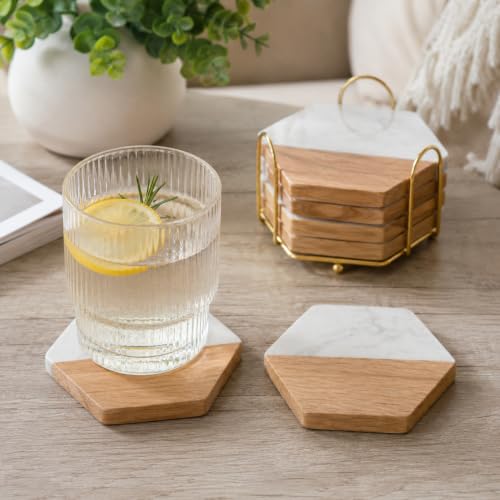 Personalized Marble and Wood Coasters with Holder - Engraved Gift Set
