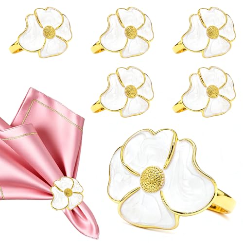 Camellia Flower Napkin Rings Set of 6 - White & Gold Elegant Table Decor