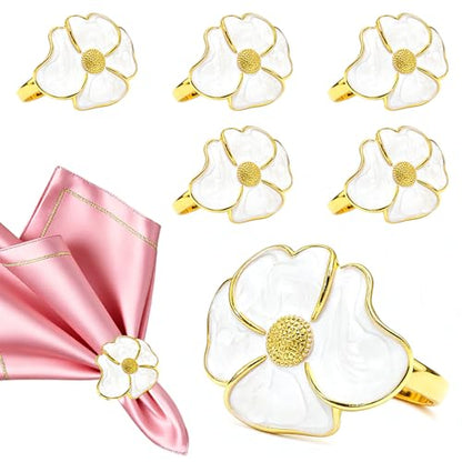 Camellia Flower Napkin Rings Set of 6 - White & Gold Elegant Table Decor