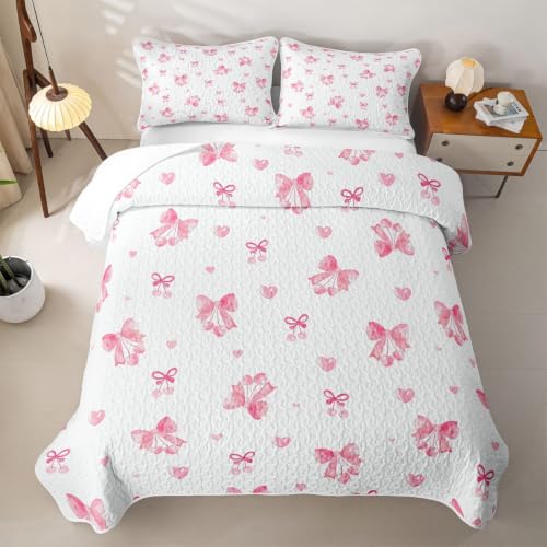 Pink Cherry Queen Size Breathable Quilt Set with Bowknot Design - Cozy Bedspread for Kids & Adults