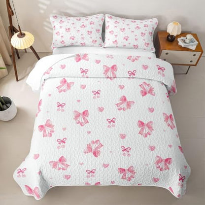Pink Cherry Queen Size Breathable Quilt Set with Bowknot Design - Cozy Bedspread for Kids & Adults