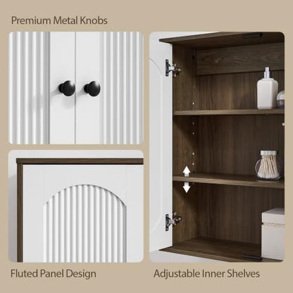 Bathroom Fluted Wall Cabinet with 2 Doors - Walnut/White, Fully Enclosed, 23.4 x 7.8 x 24.6 inches