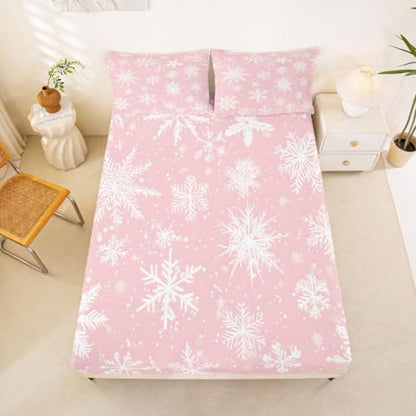 Pink Snowflake Bed Sheets Set for Kids & Adults King Size 4Pcs - White Pink Variation