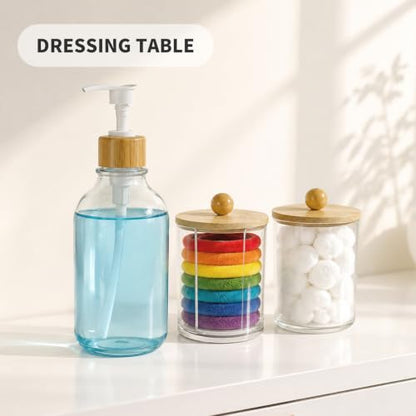 Bamboo Bathroom Organizer Set with Dispensers and Jars - Vanity Countertop Storage