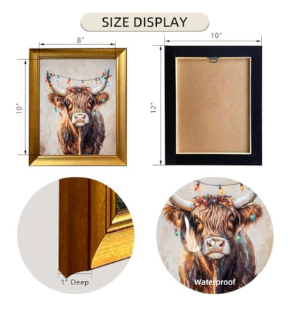 Vintage Highland Cow Christmas Wall Art with Festive Lights Framed Canvas Print - 12x10 Inches