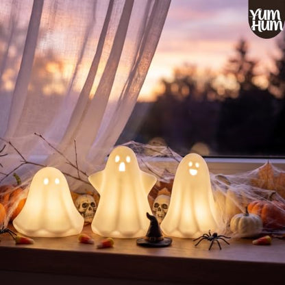 3PCS Ceramic Ghost Halloween Decorations with Amber LED Glow - Indoor Display