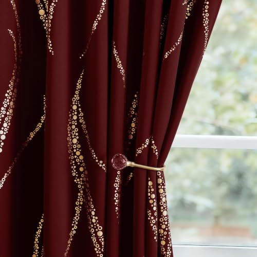 Yakamok Burgundy Gold Wave Line Dots Light Blocking Curtains 38x63 Inches Pair with Back Tab