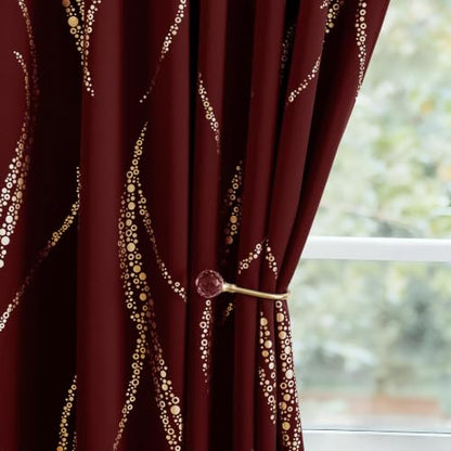 Yakamok Burgundy Gold Wave Line Dots Light Blocking Curtains 38x63 Inches Pair with Back Tab