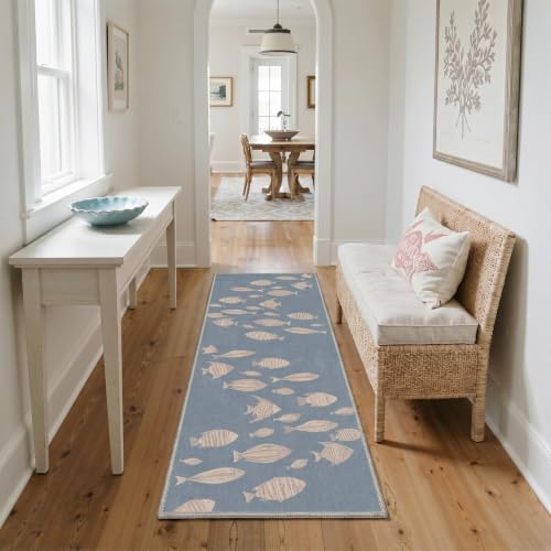Blue Coastal Fish Runner Rug - Washable Non-Slip Boho Style, 2ft x 5ft, Rectangular