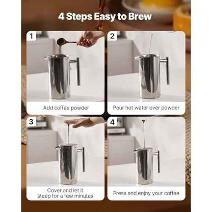 VEVOR French Press Coffee Maker, 51 Ounce 1.5 Liter Stainless Steel Coffee Press Tea Maker with Filter, Large Double Wall Insulated French Presses Cold Brew for Camping Travel Home Kitchen, Silver