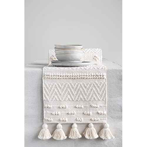 Creative Co-Op 72" Woven Cotton Textured Table Runner with Pom Poms & Tassels (DF2416)