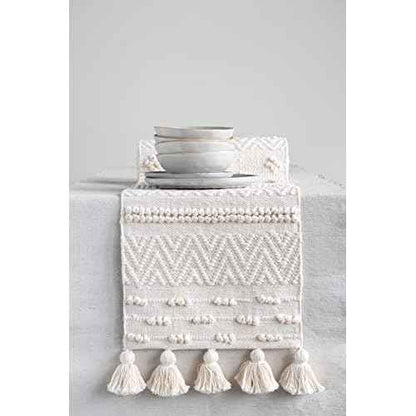 Creative Co-Op 72" Woven Cotton Textured Table Runner with Pom Poms & Tassels (DF2416)