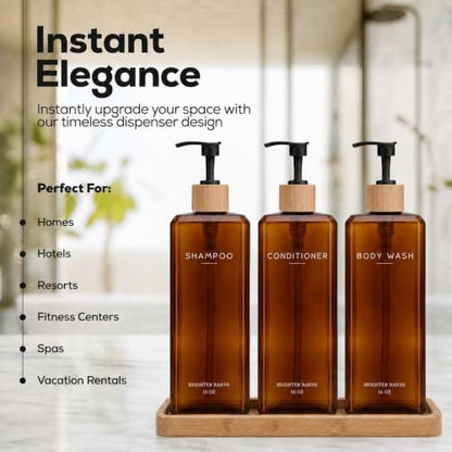 Amber Refillable Shampoo and Conditioner Dispenser Set by Brighter Barns - 16oz Bathroom Decor