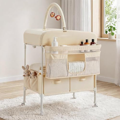 Foldable Baby Changing Table with Storage, Waterproof Top & Portable Design