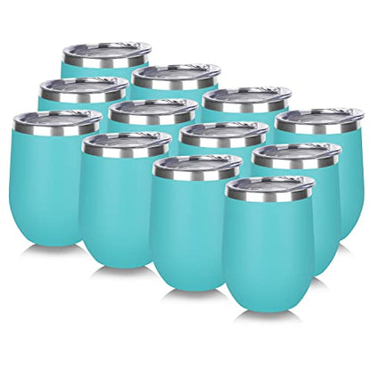 12oz Stainless Steel Wine Tumblers Set with Lids - Light Blue, Personalized Insulated Travel Cups, Bulk Pack of 12
