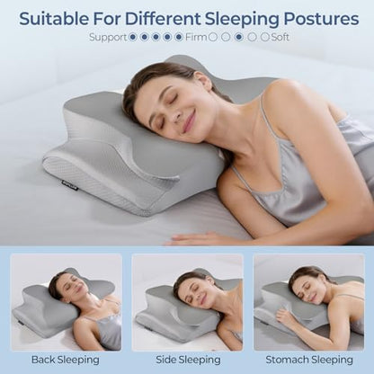 Cervical Support Pillow for Neck Pain Relief - Grey & White, Ergonomic Memory Foam