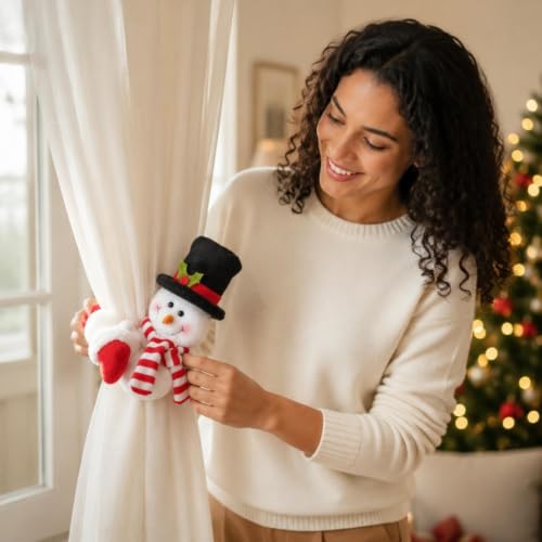 Christmas Curtain Tiebacks Set - Black Santa & Snowman Plush Holdbacks