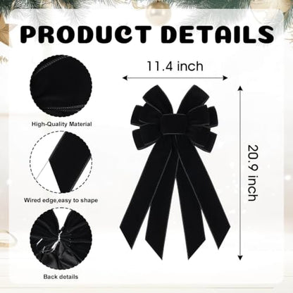 Black Velvet Christmas Bow Tree Topper 11x20 Inches for Holiday Decor