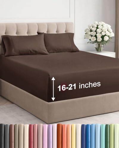 Extra Deep Pocket Queen Bed Sheet Set - Breathable & Cooling Brown - 4 Piece