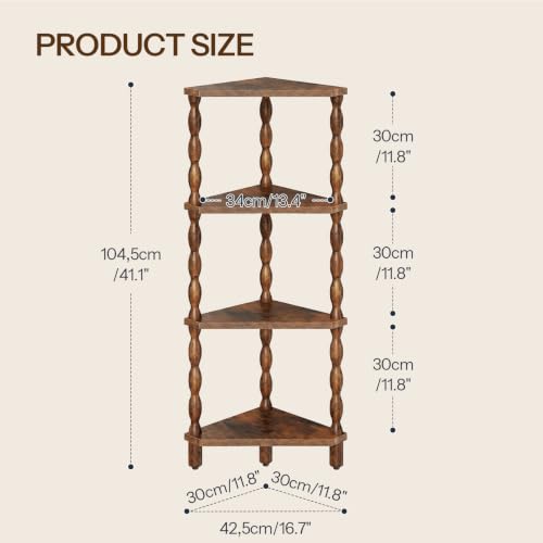 Corner Shelf Wooden 4-Tier Rustic Brown - Space Saving Corner Bookcase