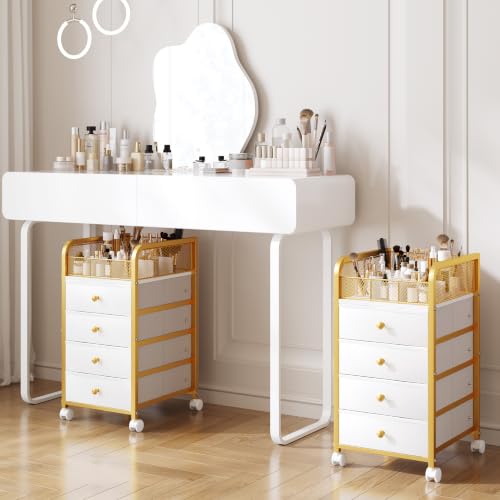 White & Gold Rolling Makeup Organizer Cart with 4 Drawers and Divided Top