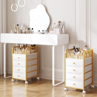 White & Gold Rolling Makeup Organizer Cart with 4 Drawers and Divided Top