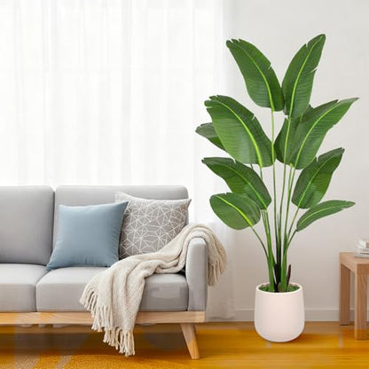 Bird of Paradise Artificial Plant 5ft Tall with White Planter - Fake Tropical Tree for Indoor Decor