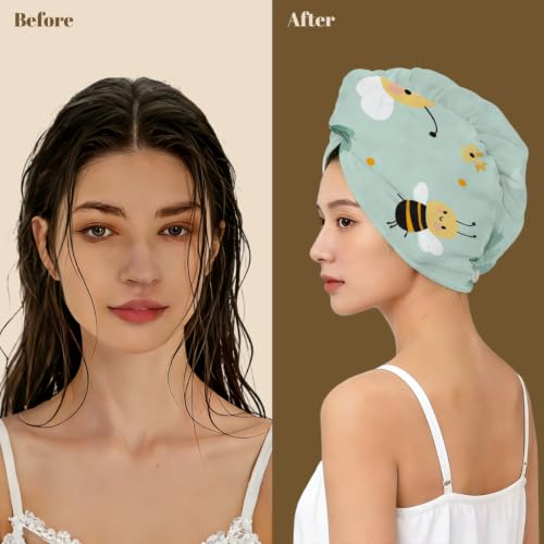 Microfiber Hair Towel Wrap for Women - Quick Dry, Absorbent Turban with Cartoon Bee Pattern
