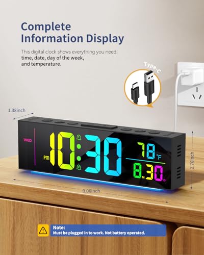 Digital Wall Clock with Color Options, Date, Temperature & Nightlight