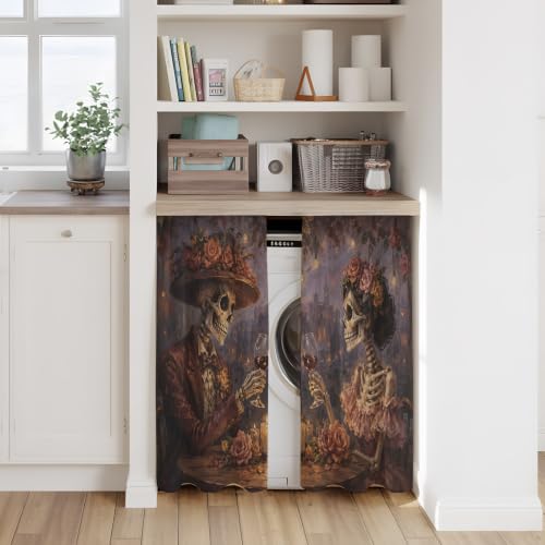 Halloween Tier Curtains Set - Skeleton Couple with Roses, Light Filtering, 27.5W x 45L, Black Burgundy Gold Variations
