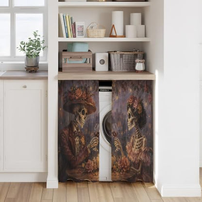 Halloween Tier Curtains Set - Skeleton Couple with Roses, Light Filtering, 27.5W x 45L, Black Burgundy Gold Variations