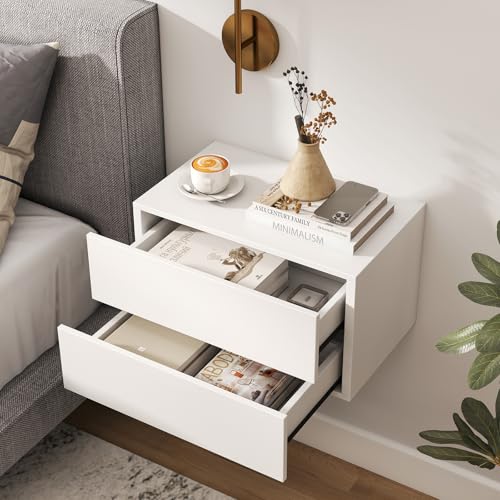 Floating Nightstand Set of 2 with Drawers, Wall Mounted - White, 16.5 x 12 x 11.5 in