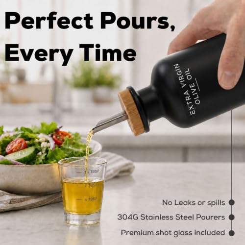 Black Glass Olive Oil Dispenser Bottle - 12oz Kitchen & Vinegar Storage with Stainless Steel Spout
