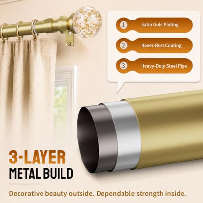 Gold Curtain Rods 36-88 Inch Adjustable Window Treatment Rods with Crystal Finials