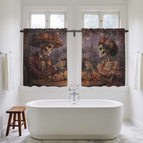 Halloween Tier Curtains Set - Skeleton Couple with Roses, Light Filtering, 27.5W x 45L, Black Burgundy Gold Variations