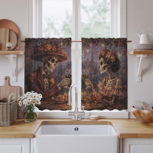 Halloween Tier Curtains Set - Skeleton Couple with Roses, Light Filtering, 27.5W x 45L, Black Burgundy Gold Variations