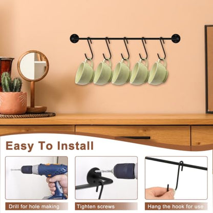 Wall Mounted Coffee Mug Holder Rack with 5 Hooks - Black Metal Kitchen Organizer - Variation 1