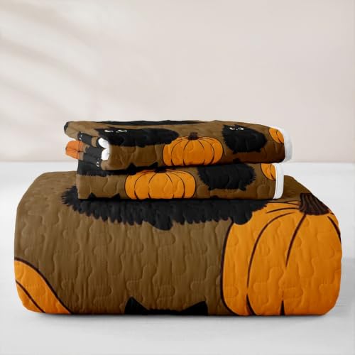 Halloween Black Cat Quilt Set with Orange Accents - King Size Bedding with Pillowcases