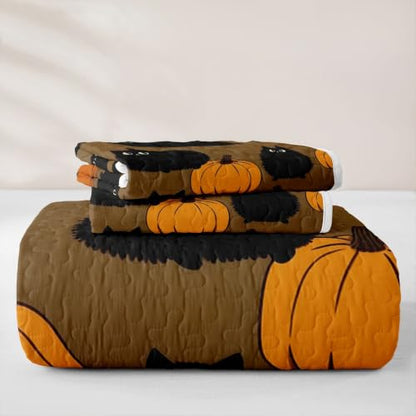 Halloween Black Cat Quilt Set with Orange Accents - King Size Bedding with Pillowcases