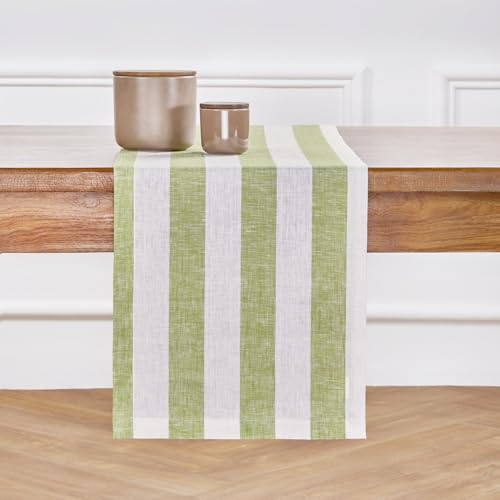 Pure Linen Table Runner 14x90 Inches Green & White Stripe - Handmade