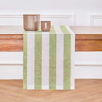 Pure Linen Table Runner 14x90 Inches Green & White Stripe - Handmade