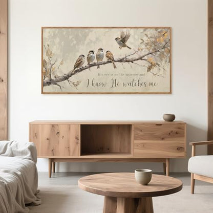 His Eye Is on the Sparrow Christian Wall Art Canvas 40x20 Inch - Framed Religious Decor