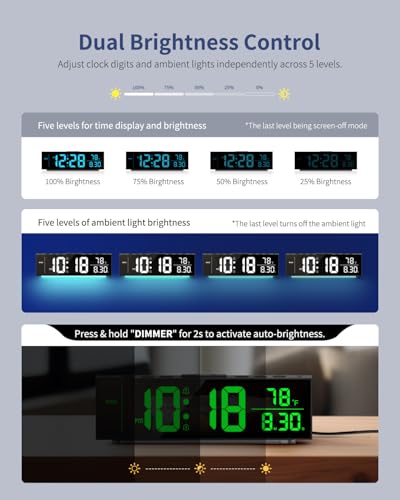 Digital Wall Clock with Color Options, Date, Temperature & Nightlight