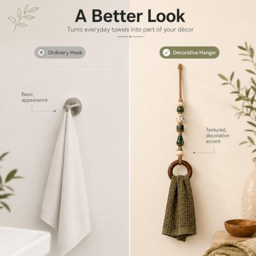 Green Beaded Towel Hanger with Wooden Ring - Boho Decor, 1pc