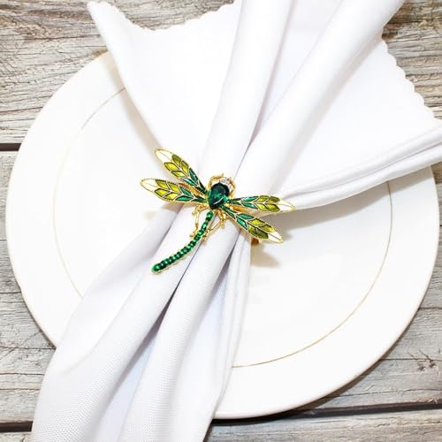 Set of 4 Green Dragonfly Napkin Rings - Elegant Metal Table Decor for Holidays