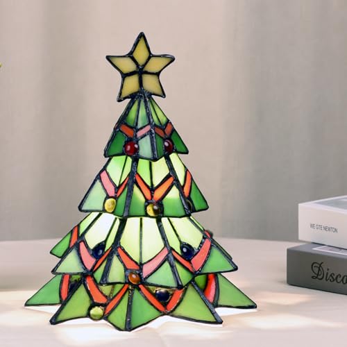 Tiffany Style Stained Glass Accent Table Lamp for Home Decor, Christmas Tree, 7.5 inch