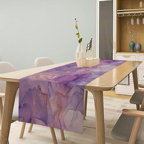 Purple Marble Table Runner W13X L60 - Abstract Gold Cloud Texture Decor