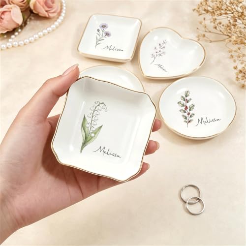 Personalized Birth Flower Jewelry Dish with Custom Name - Style2