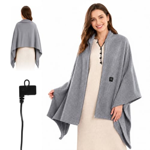 Grey USB Heated Shawl Wrap - Portable Wearable Blanket for Women, 71x24 Inches