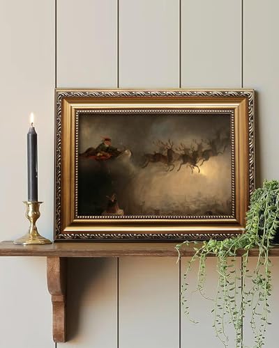 Vintage Christmas Santa Claus Wall Art with Gold Frame - Elk & Reindeer - 9x12 Inches